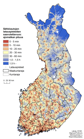 Sähköautojen latauspisteet Suomen kartalla ja saavutettavuus ajomatkan mukaan